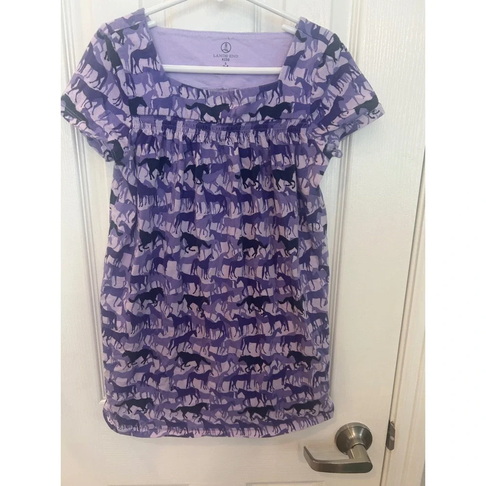 Lands' End Nightgown Purple Horse Print Smocked‎ Knit Sleep Dress Kids S 7-8